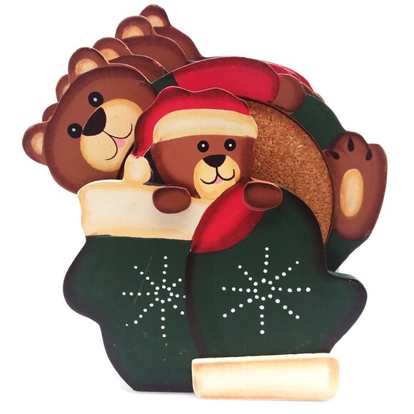 Coaster Set Teddy Bear Wood Christmas VTG Country Bears Cork Large Holder Winter - Picture 2 of 6